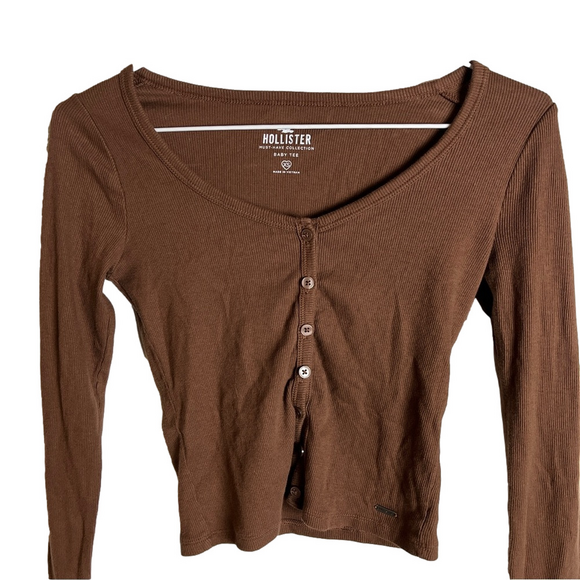 Vintage Hollister Brown Button Down Baby Tee XS Y2K - Picture 2 of 14